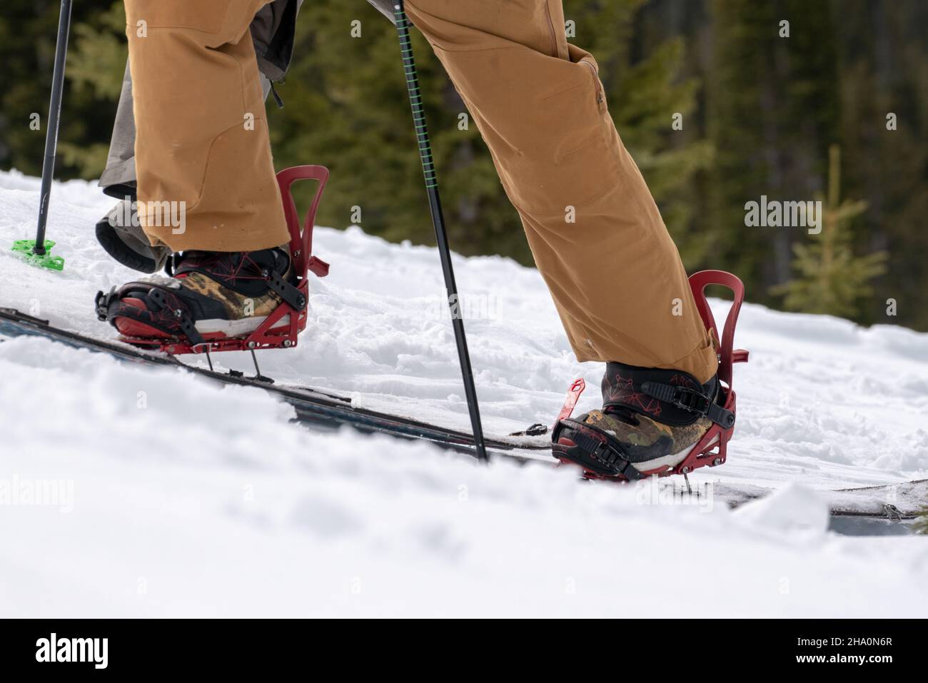 Snowboardeur dans le pantalon marron skinning en montant Banque D'Images