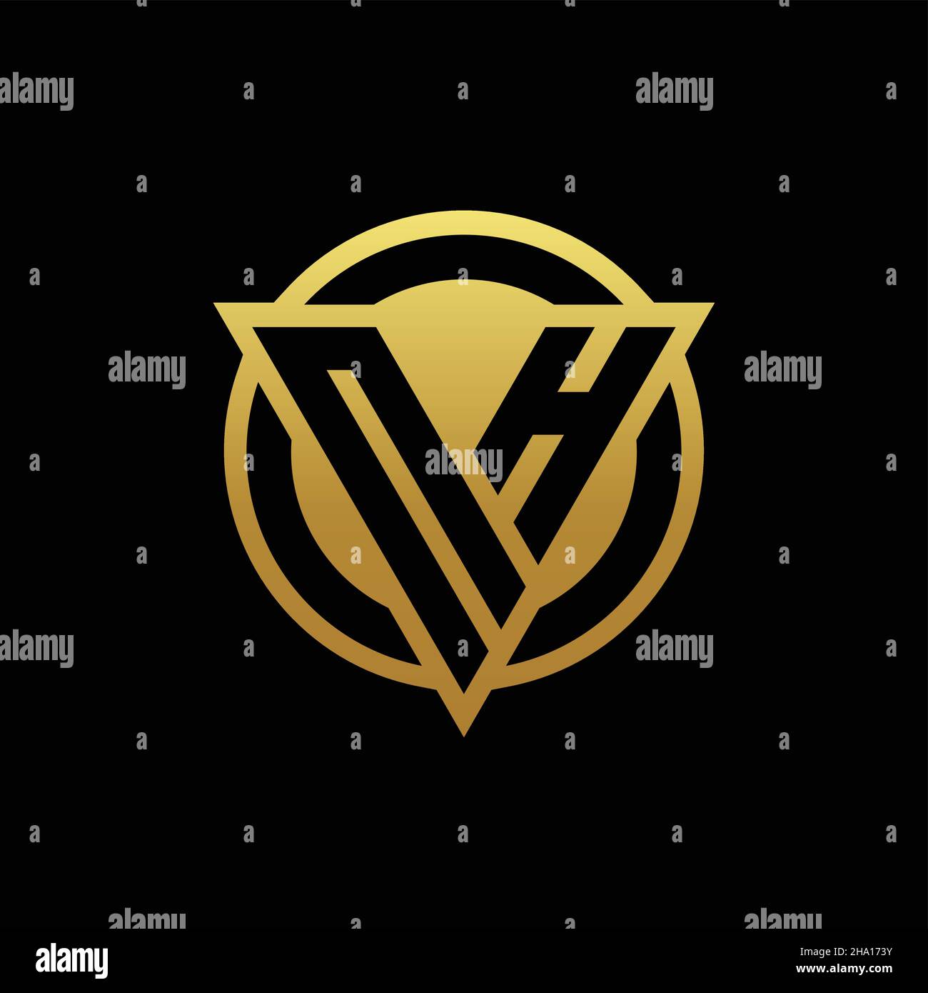 Monogramme logo NH avec forme triangulaire et cercle de style arrondi isolé sur des couleurs or et fond noir modèle de conception Illustration de Vecteur