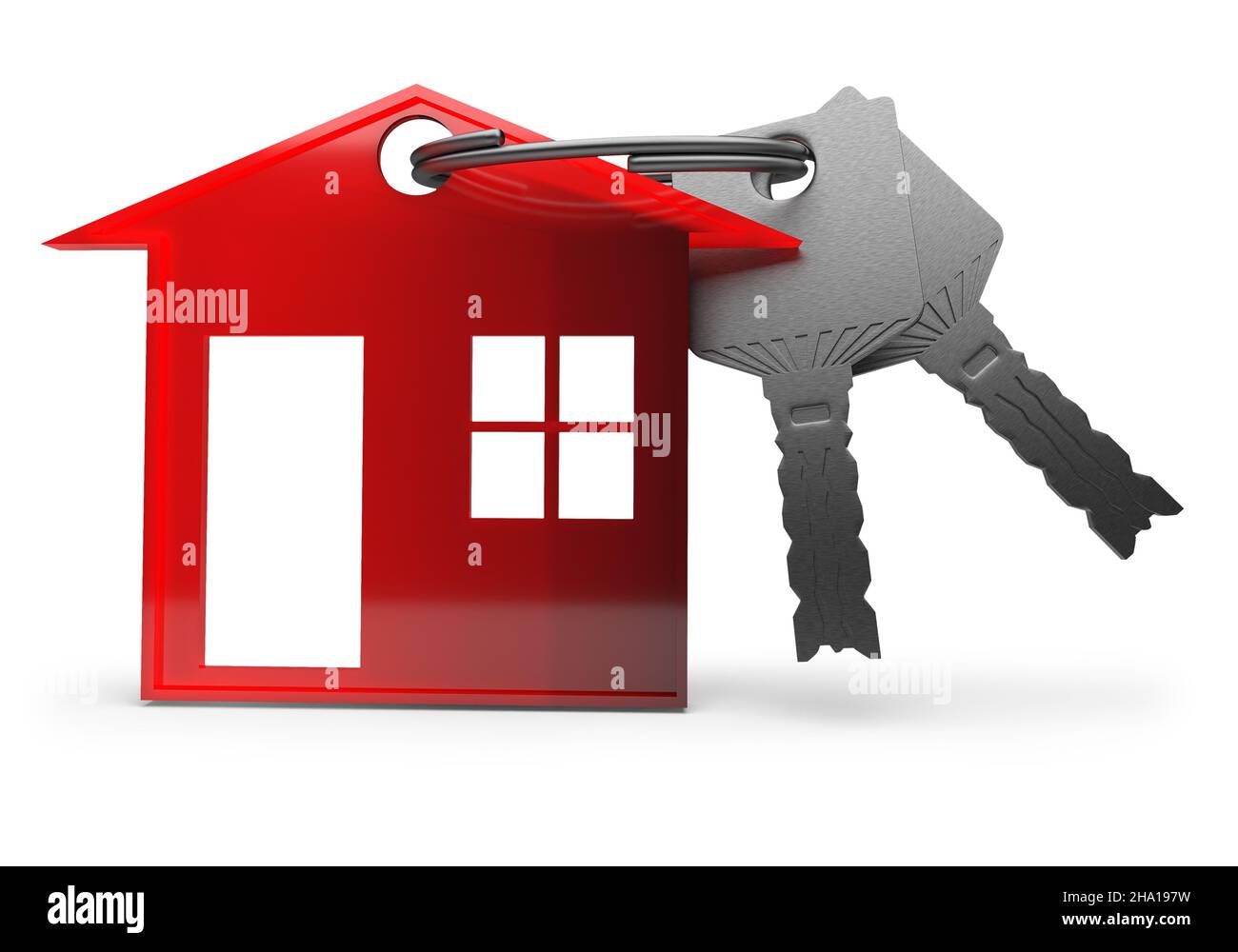 touches avec porte-clés maison rouge isolé sur fond blanc.3d rendu. Banque D'Images