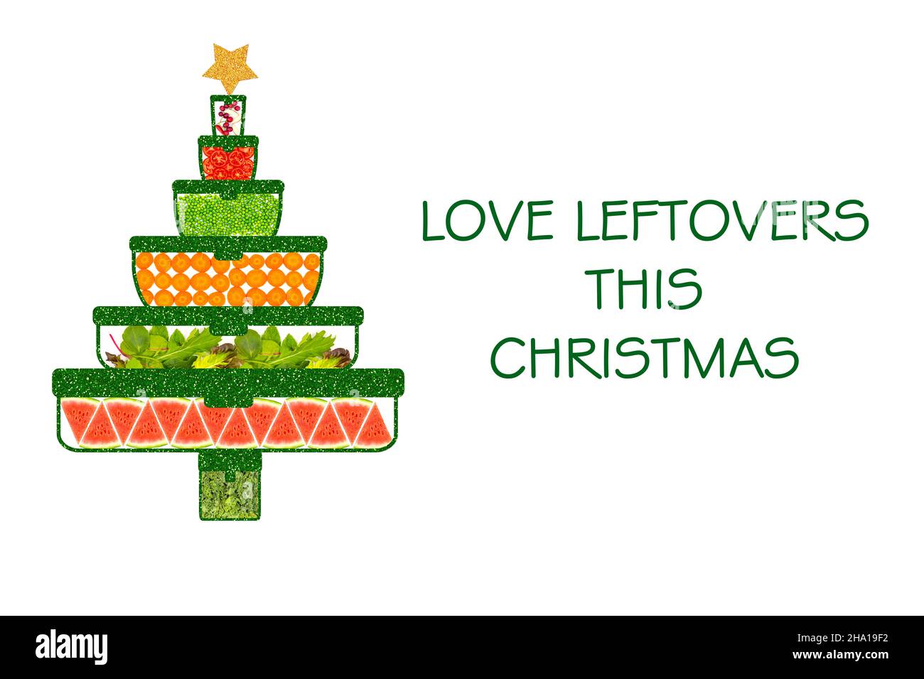 J'adore les restes de ce texte de Noël, la nourriture dans des contenants de stockage en forme d'arbre, arrêtez les déchets alimentaires pendant la saison des fêtes Banque D'Images