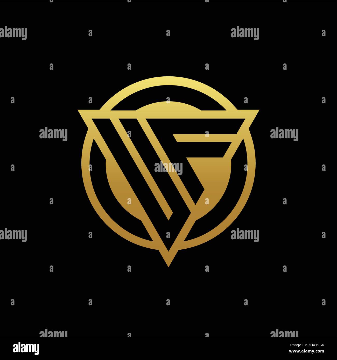 Monogramme du logo UF avec forme triangulaire et cercle de style arrondi isolé sur des couleurs or et fond noir modèle de conception Illustration de Vecteur