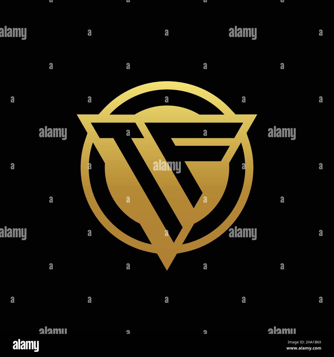 Monogramme avec logo TF de forme triangulaire et cercle de style arrondi isolé sur des couleurs or et fond noir modèle de conception Illustration de Vecteur