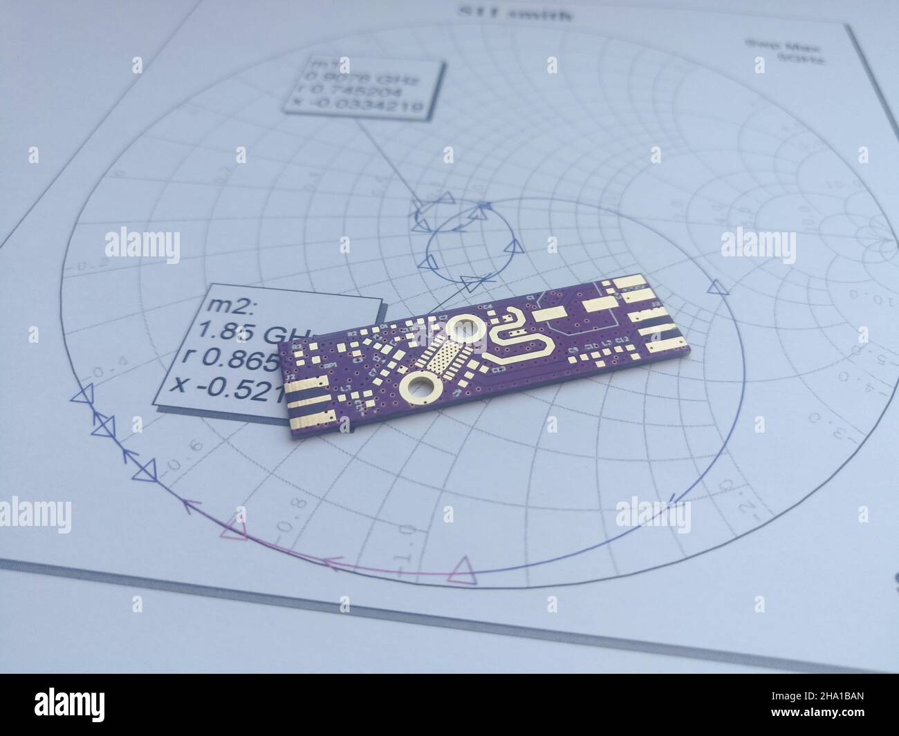 Fréquence radio, carte de circuit imprimé micro-ondes et graphique Smith avec correspondance d'impédance Banque D'Images