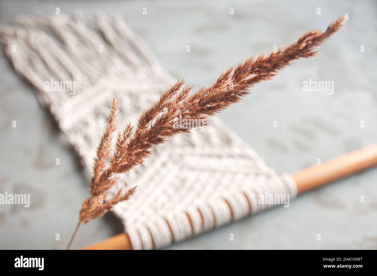 pelouse sèche sur le décor de mur d'arrière-plan dans le style boho macrame Banque D'Images