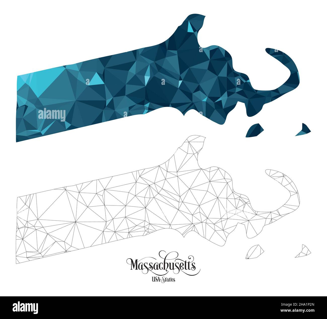 Carte Poly basse de l'État du Massachusetts (États-Unis).Illustration du vecteur de forme polygonale sur fond blanc.Territoire des États-Unis d'Amérique. Illustration de Vecteur