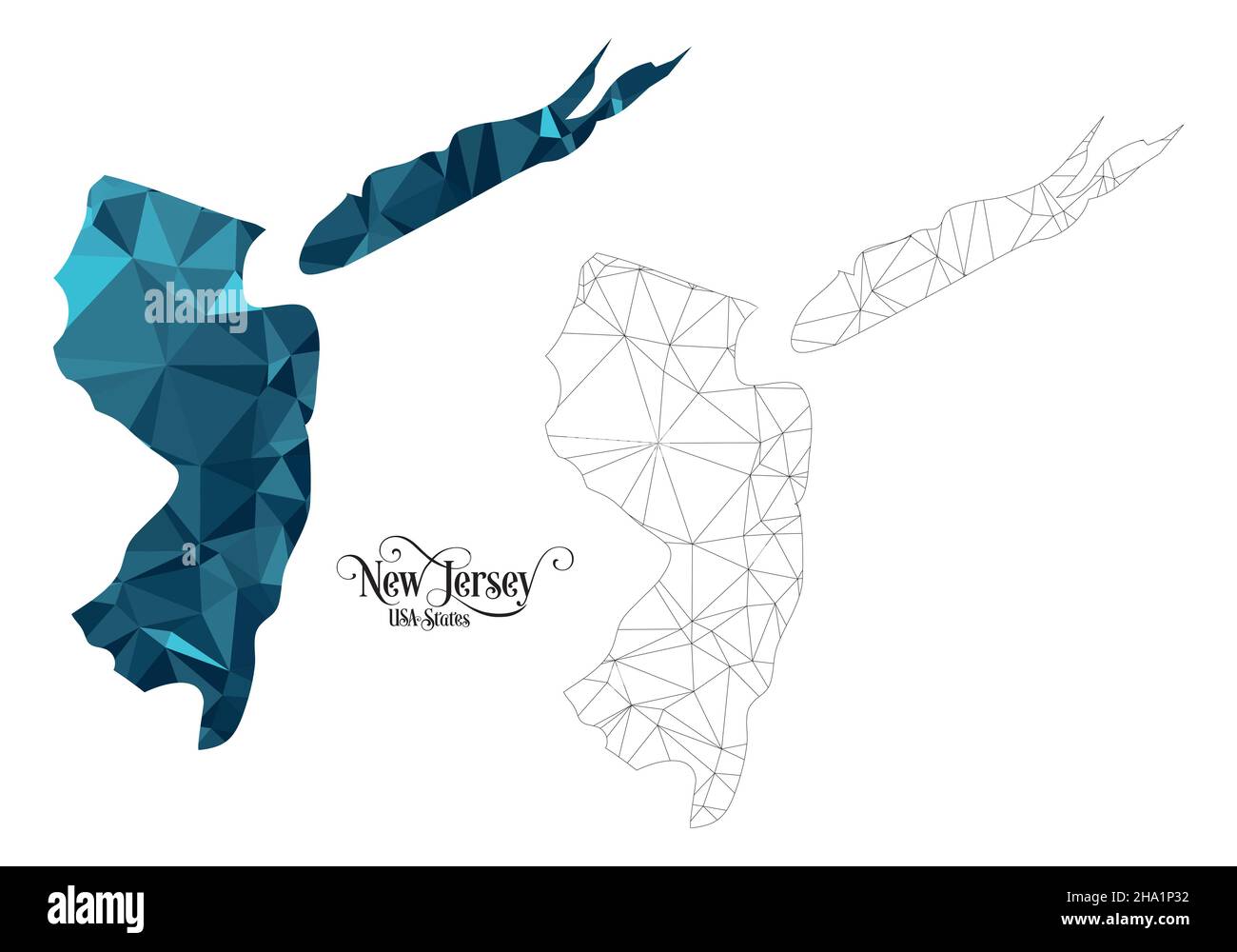 Carte Poly basse de l'État du New Jersey (États-Unis).Illustration du vecteur de forme polygonale sur fond blanc.Territoire des États-Unis d'Amérique. Illustration de Vecteur