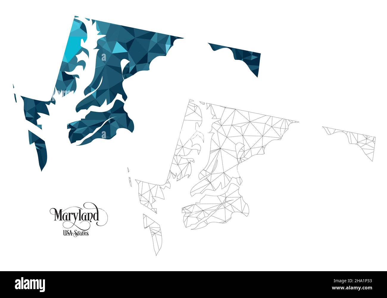 Carte Poly basse de l'État du Maryland (États-Unis).Illustration du vecteur de forme polygonale sur fond blanc.Territoire des États-Unis d'Amérique. Illustration de Vecteur