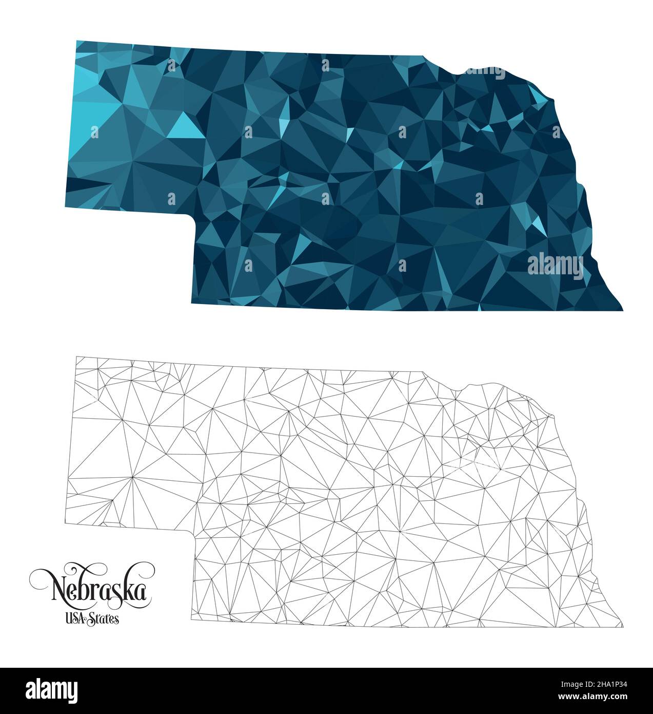 Carte Poly basse de l'État du Nebraska (États-Unis).Illustration du vecteur de forme polygonale sur fond blanc.Territoire des États-Unis d'Amérique. Illustration de Vecteur