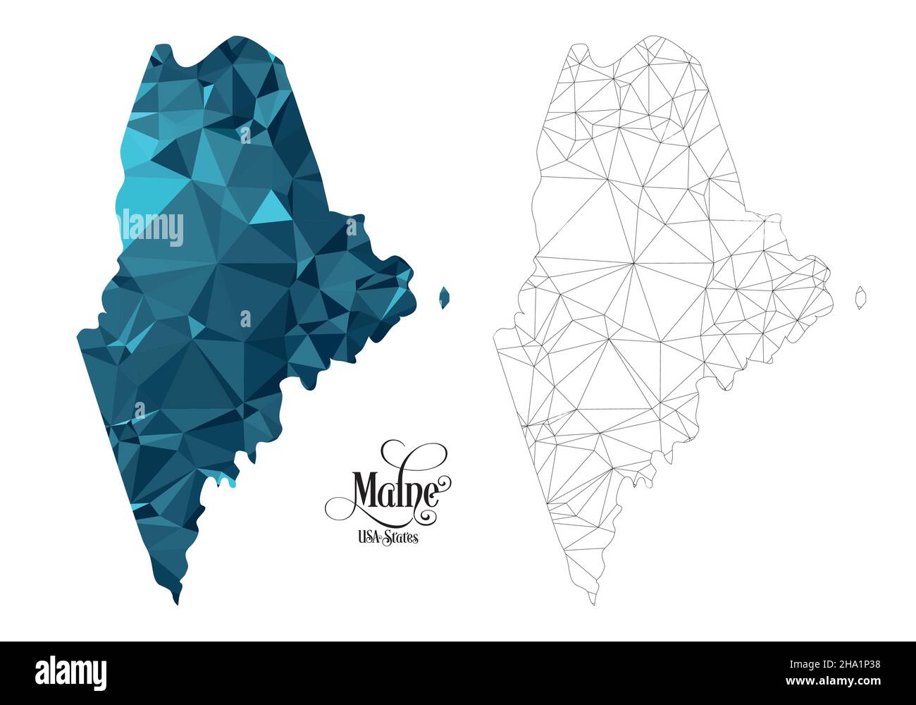 Carte Poly basse de l'État du Maine (États-Unis).Illustration du vecteur de forme polygonale sur fond blanc.Territoire des États-Unis d'Amérique. Illustration de Vecteur