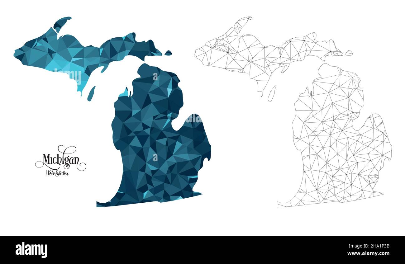 Carte Poly basse de l'État du Michigan (États-Unis).Illustration du vecteur de forme polygonale sur fond blanc.Territoire des États-Unis d'Amérique. Illustration de Vecteur