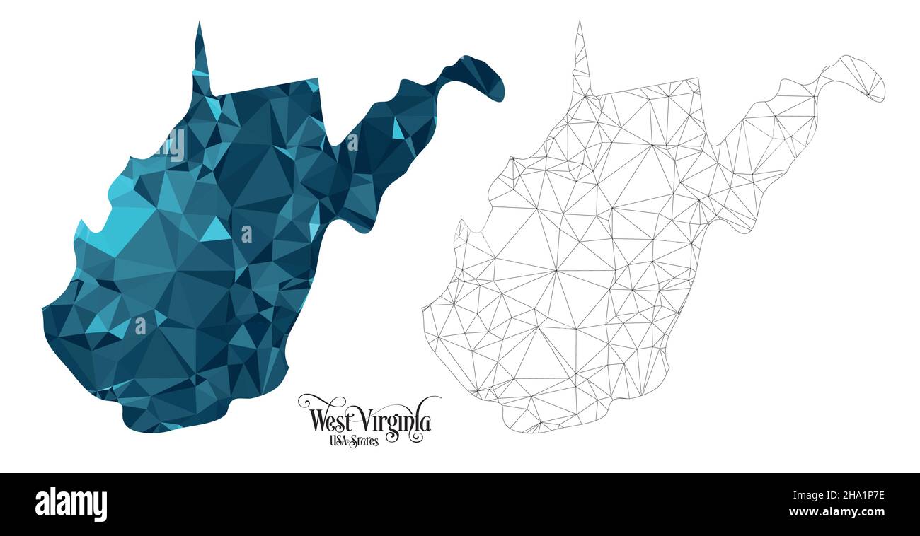 Carte Poly basse de l'État de Virginie-Occidentale (États-Unis).Illustration du vecteur de forme polygonale sur fond blanc.Territoire des États-Unis d'Amérique. Illustration de Vecteur