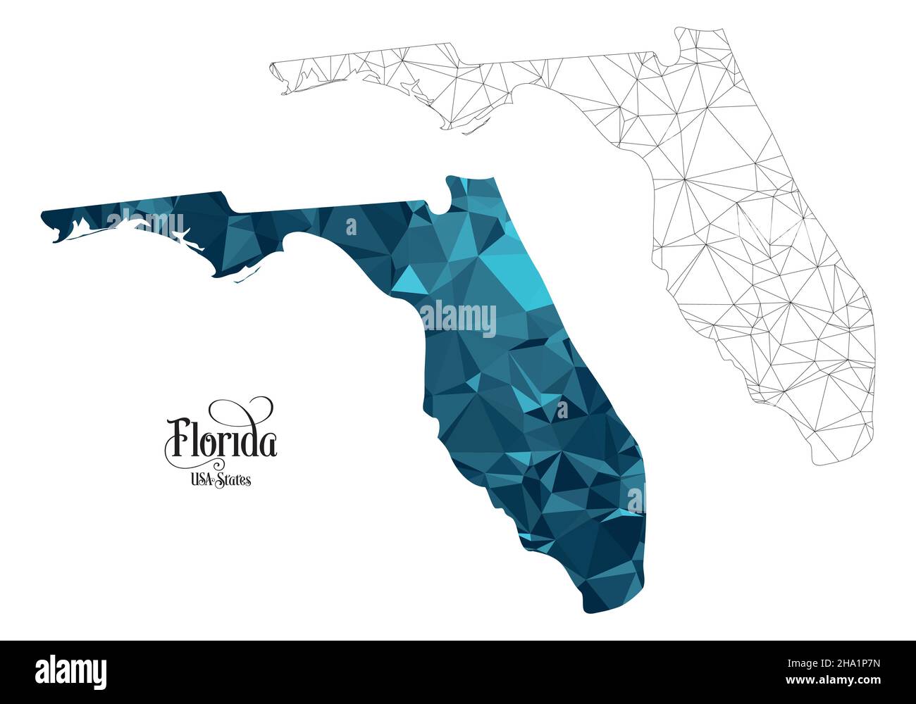 Carte Poly basse de l'État de Floride (États-Unis).Illustration du vecteur de forme polygonale sur fond blanc.Territoire des États-Unis d'Amérique. Illustration de Vecteur