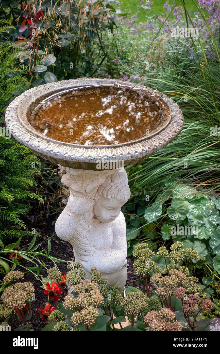 Bain d'oiseau d'eau sculpté en pierre dans un jardin Banque D'Images