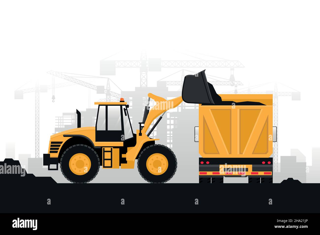 Arrière-plan des machines lourdes dans les travaux de construction avec chargeur frontal et camion avec vue arrière sur fond gris Illustration de Vecteur