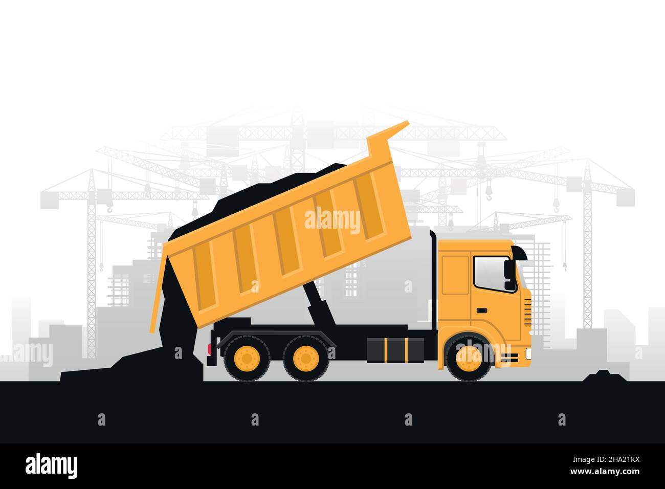 Fondo de maquinaria pesada con camiones de descarga de materiales para trabajos de construcción. Illustration de Vecteur