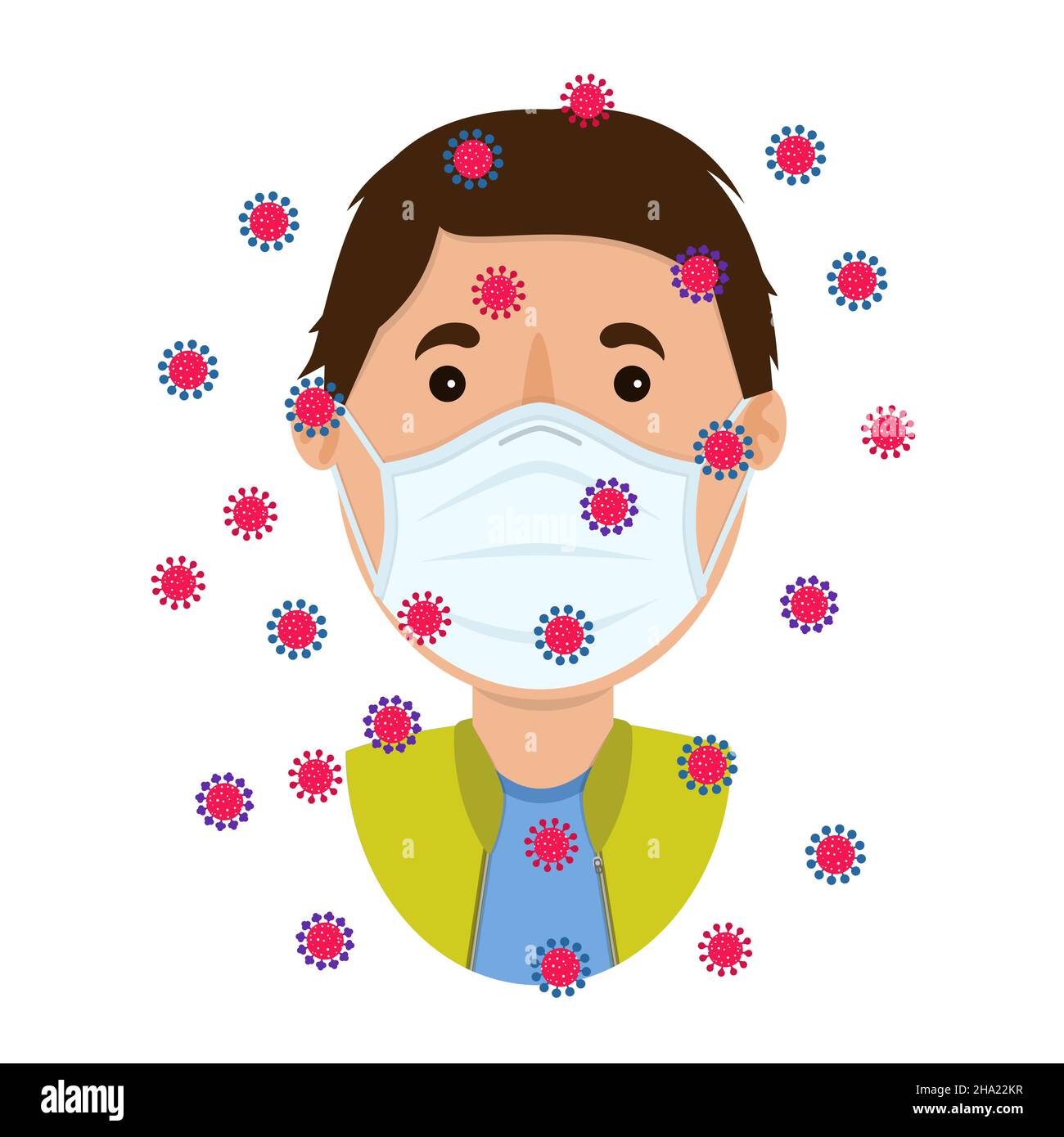 Homme blanc portant un masque chirurgical blanc pour se protéger de l'air contaminé par des variantes virales.Arrière-plan blanc.Isolé. Illustration de Vecteur