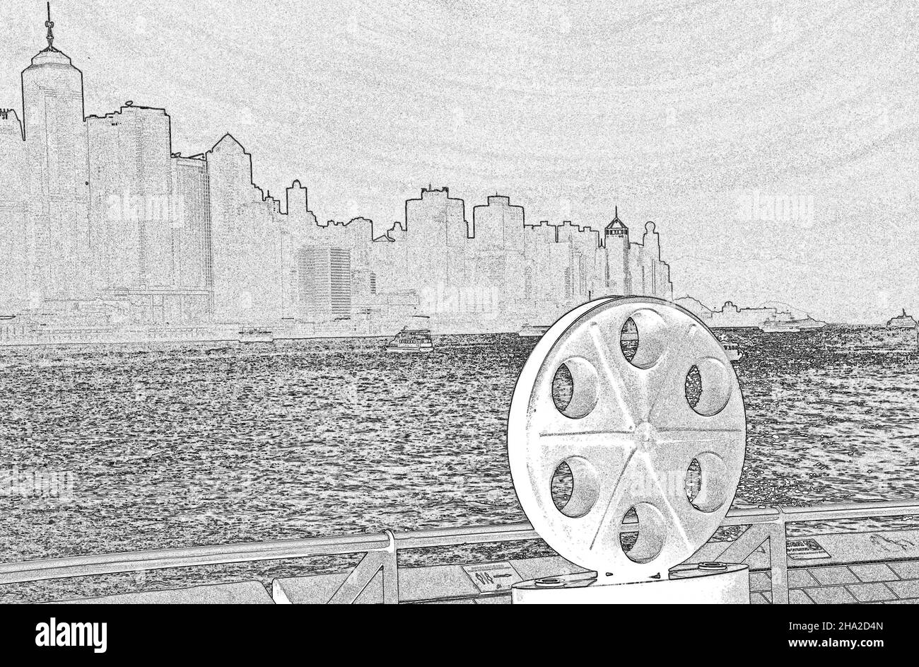 Vue sur l'île de Hong Kong depuis l'avenue des étoiles, Kowloon, Hong Kong (illustration) Banque D'Images