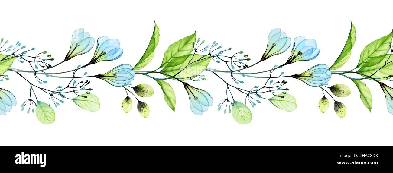 Bordure fleurie sans couture.Guirlande aquarelle abstraite avec fleurs bleues et feuilles vertes fraîches.Illustration botanique dessinée à la main pour le mariage de printemps Banque D'Images