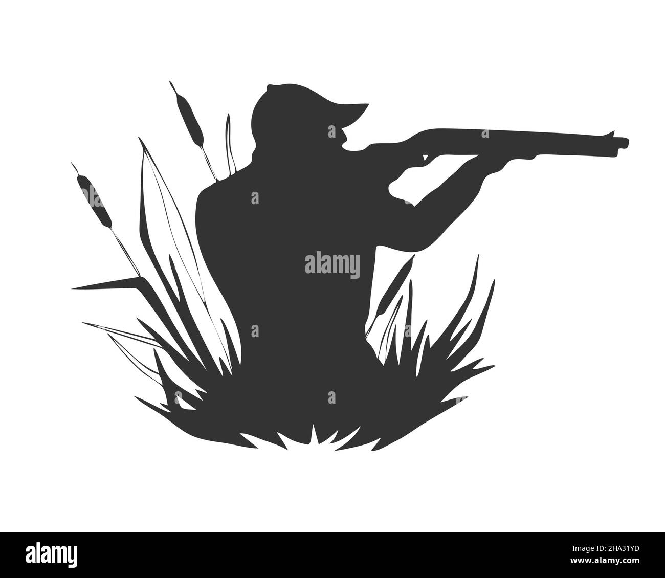 Silhouette de chasseur de canards, épaississants de roseaux, logo, étiquette, isolé sur fond blanc.Illustration vectorielle Illustration de Vecteur