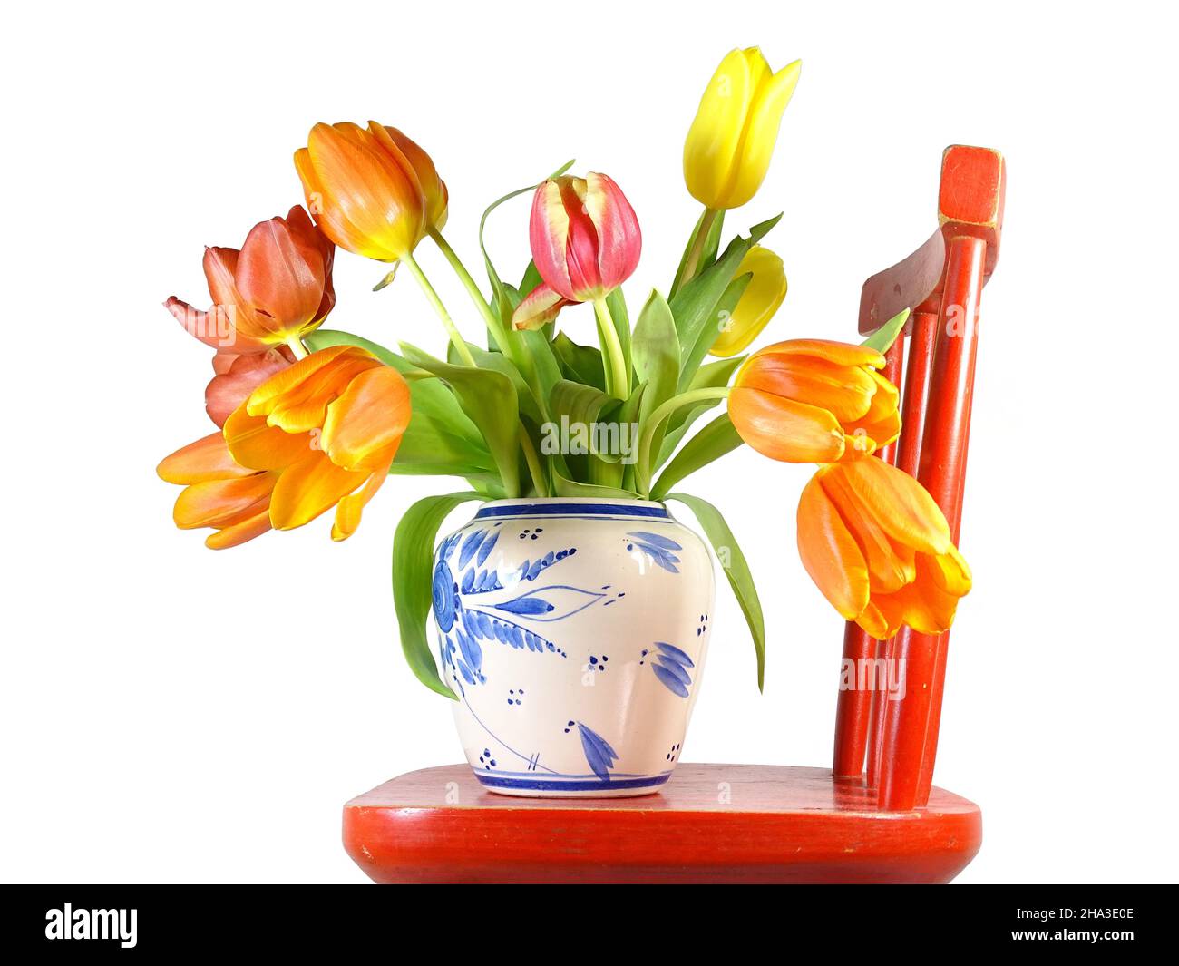 Un bouquet de tulipes de couleur dans un vase sur une chaise rouge à fond blanc Banque D'Images