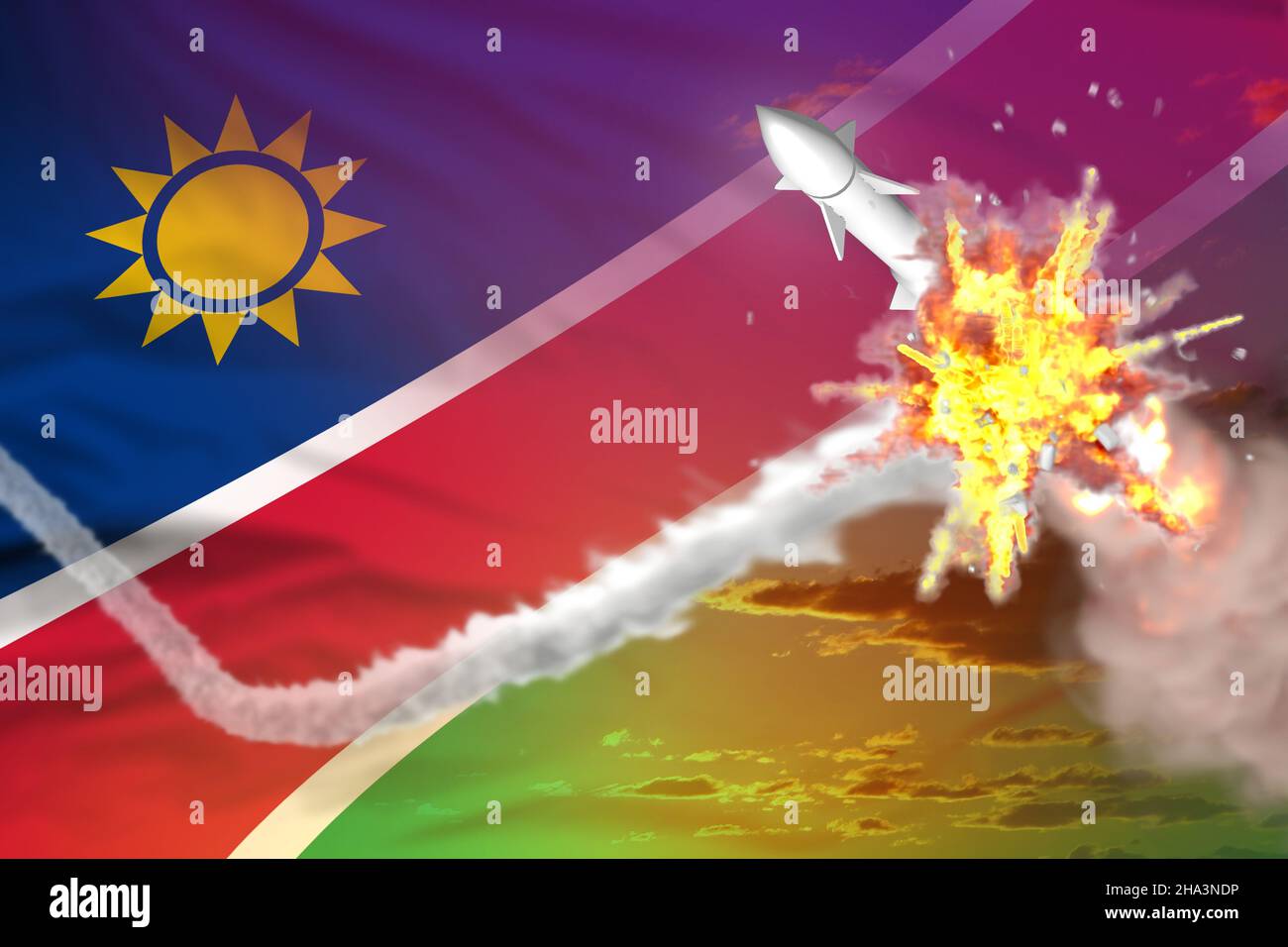 Missile stratégique détruit dans l'air, Namibie concept supersonique de protection des missiles - défense antimissile militaire industriel 3D illustration Banque D'Images