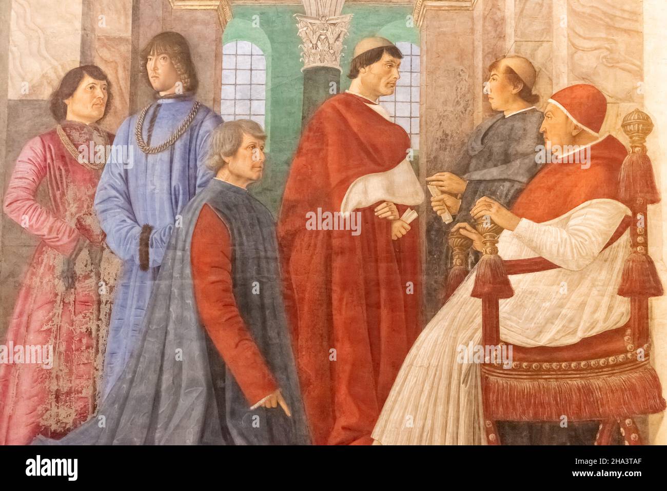 Fresque médiévale montrant un pape et d'autres hommes nobles dans une chambre du Vatican Banque D'Images