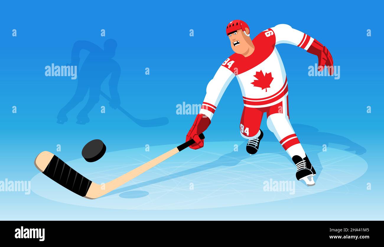 Un joueur canadien de hockey sur glace court pour le palet Illustration de Vecteur