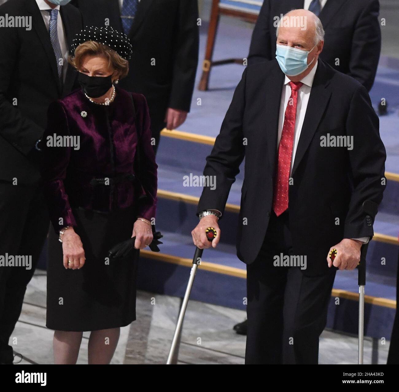 Oslo, Norvège.10th décembre 2021.Le roi de Norvège Harald et la reine Sonja assistent à la cérémonie du prix Nobel de la paix à l'hôtel de ville d'Oslo le 10 décembre 2021.Photo de Rune Hellestad/ Credit: UPI/Alay Live News Banque D'Images