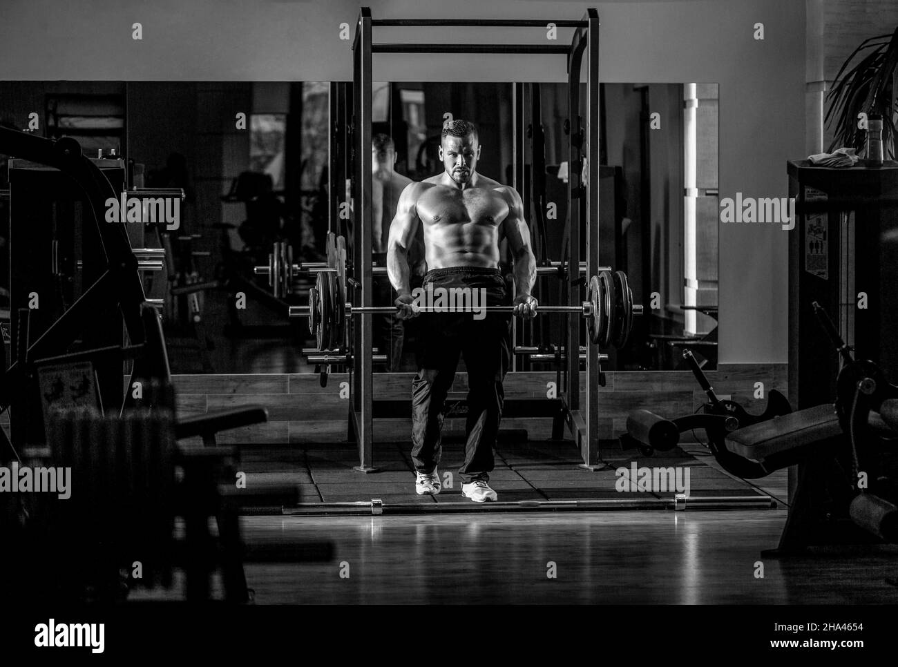 Exercice musclé avec barbell à la salle de gym. Bodybuilder athlétique homme avec six pack, ABS parfait, épaules, biceps, triceps, poitrine. Exercice Barbells Banque D'Images