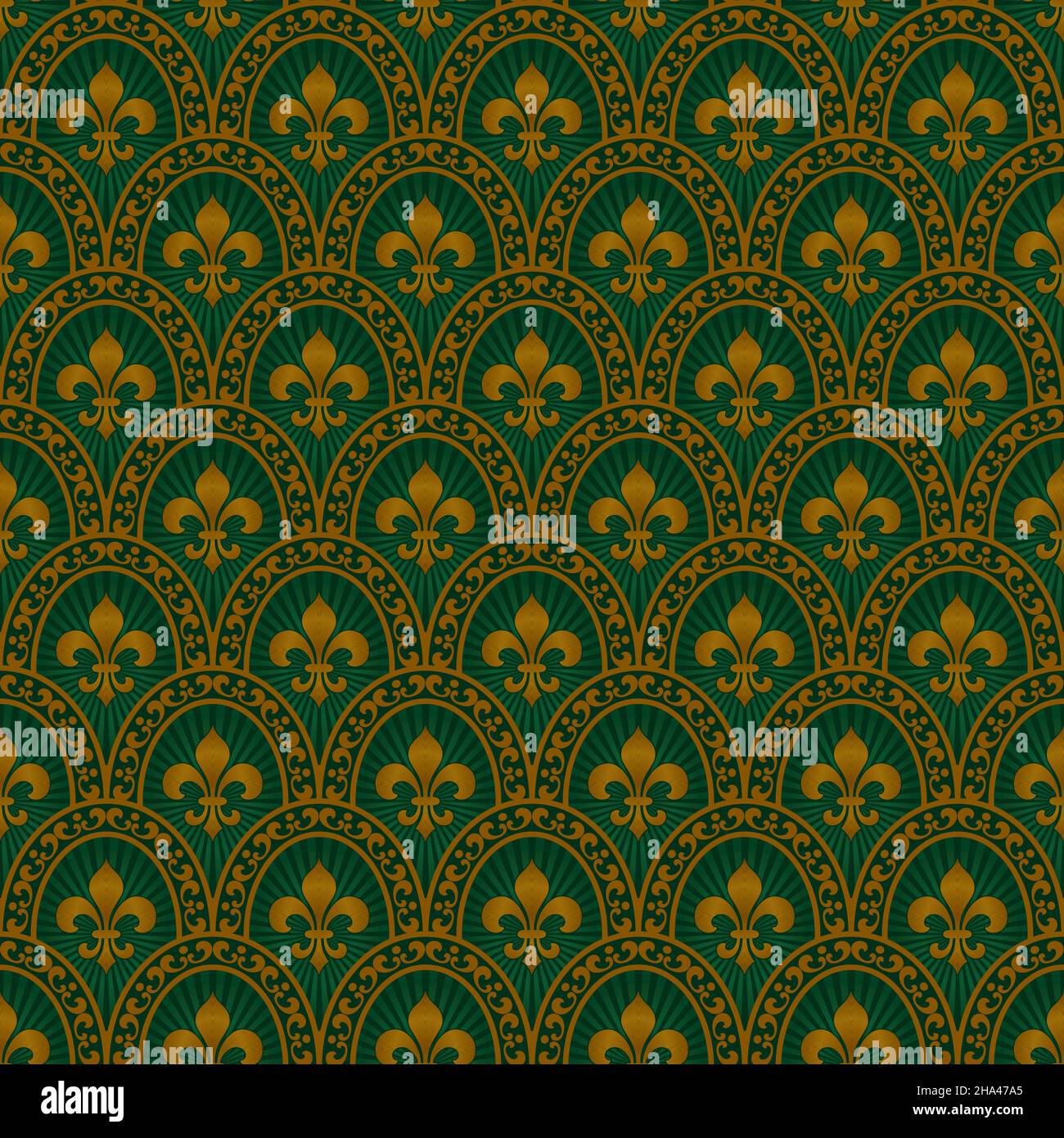 Fleur de Lys Seamless Pattern.Arrière-plan vectoriel en or et vert. Illustration de Vecteur