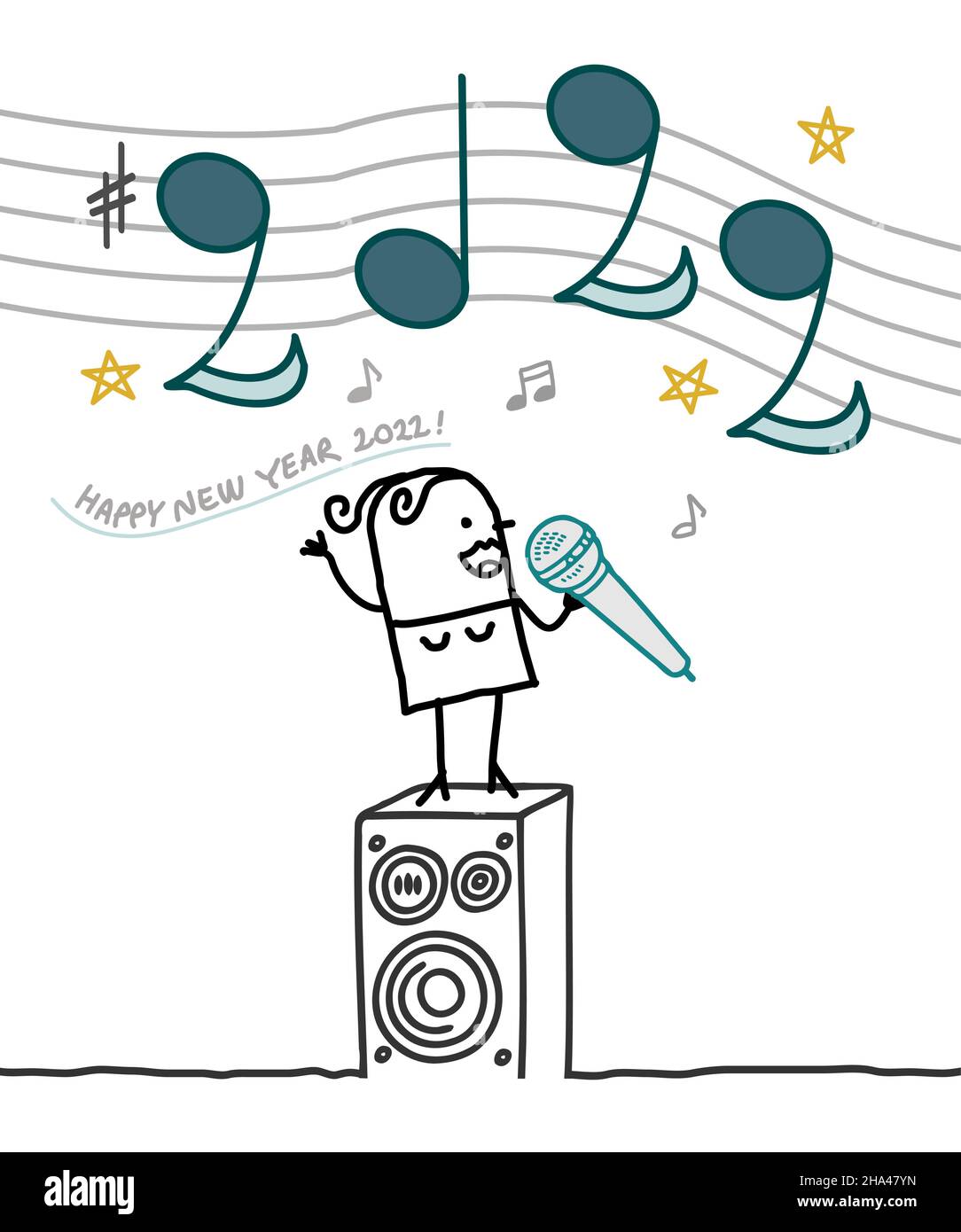 Femme de dessin animé chantant 2022 notes et bonne année Illustration de Vecteur