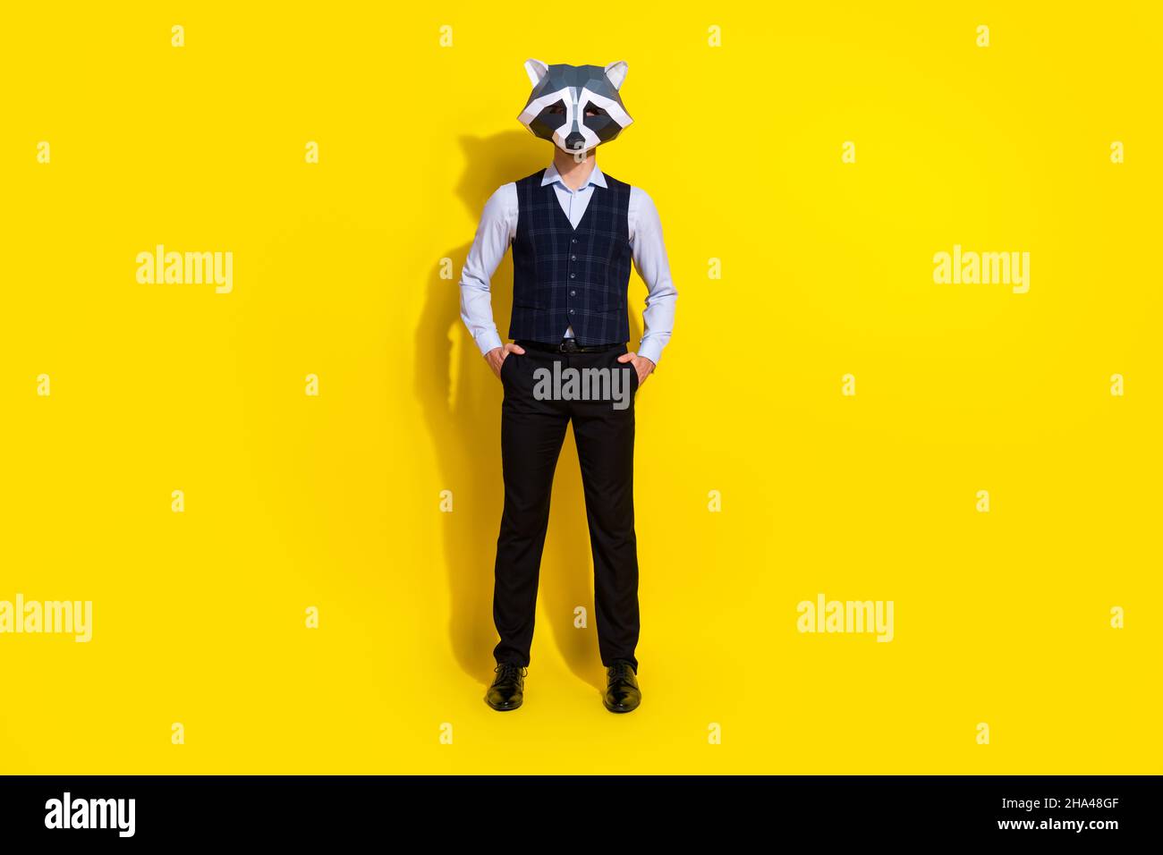 Photo de l'homme d'affaires réussi mains poches préparer mardi herbe porter Polygonal masque gilet isolé couleur jaune arrière-plan Banque D'Images