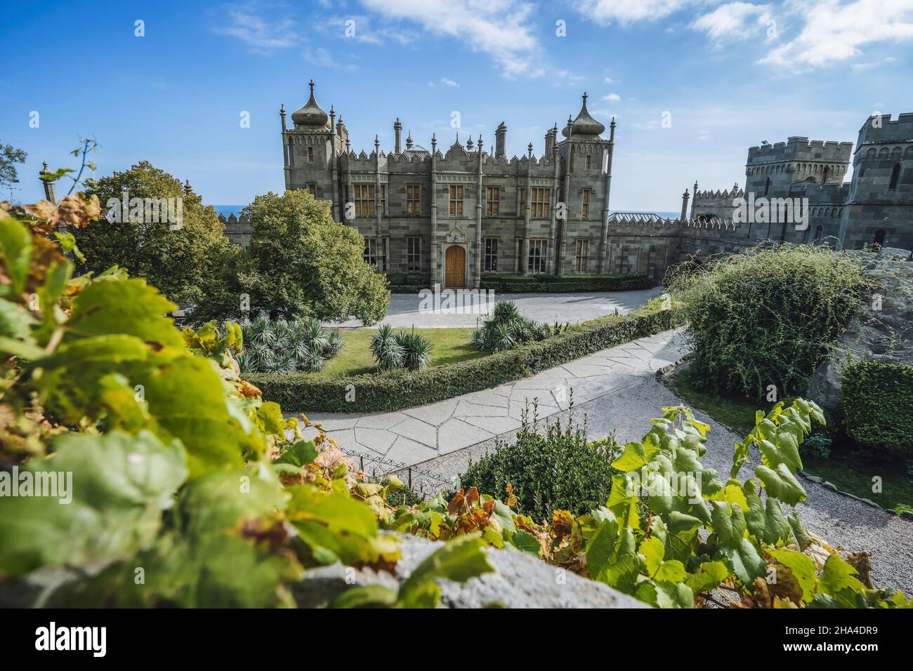 palais vorontsov à alupka, crimée. vue panoramique sur le château avec fond bleu ciel. vigne avec feuilles automnales jaunes en premier plan. Banque D'Images