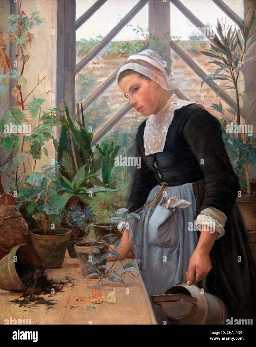 Breton Girl s'occuper des plantes dans le Hothouse par le peintre danois Anna Petersen (1845-1910), huile sur toile, 1884 Banque D'Images
