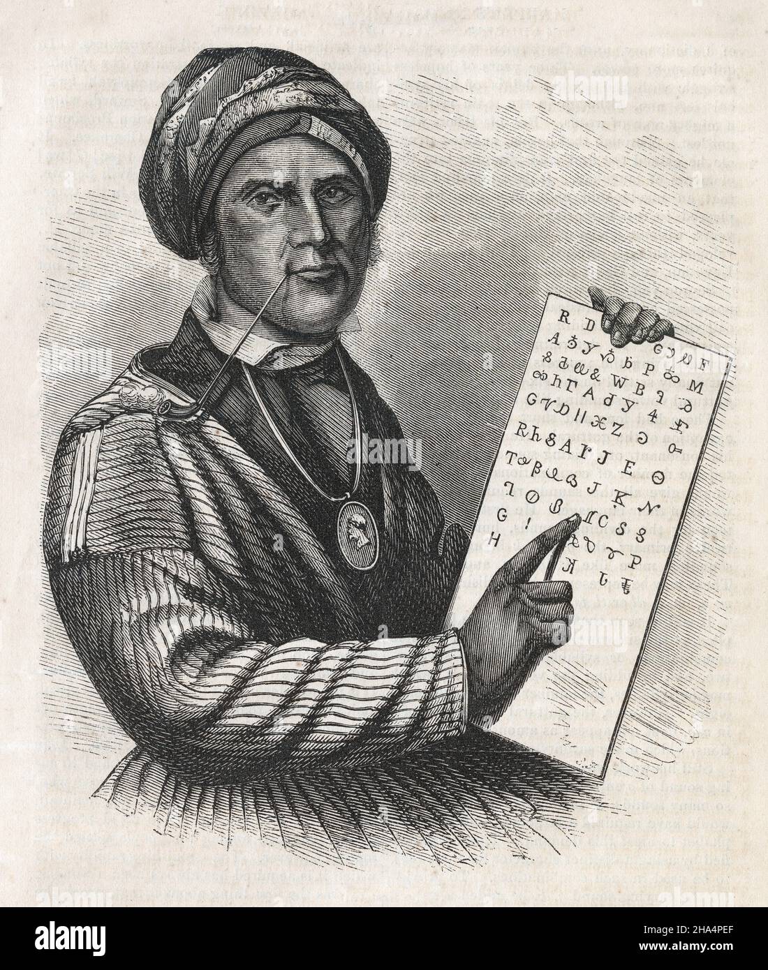 Gravure antique de Sequoyah en 1870.Sequoyah (c1770-1843) est un polymath amérindien de la nation Cherokee.SOURCE : GRAVURE ORIGINALE Banque D'Images Gravure antique de Sequoyah en 1870.Sequoyah (c1770-1843) est un polymath amérindien de la nation Cherokee.SOURCE : GRAVURE ORIGINALE Banque D'Images