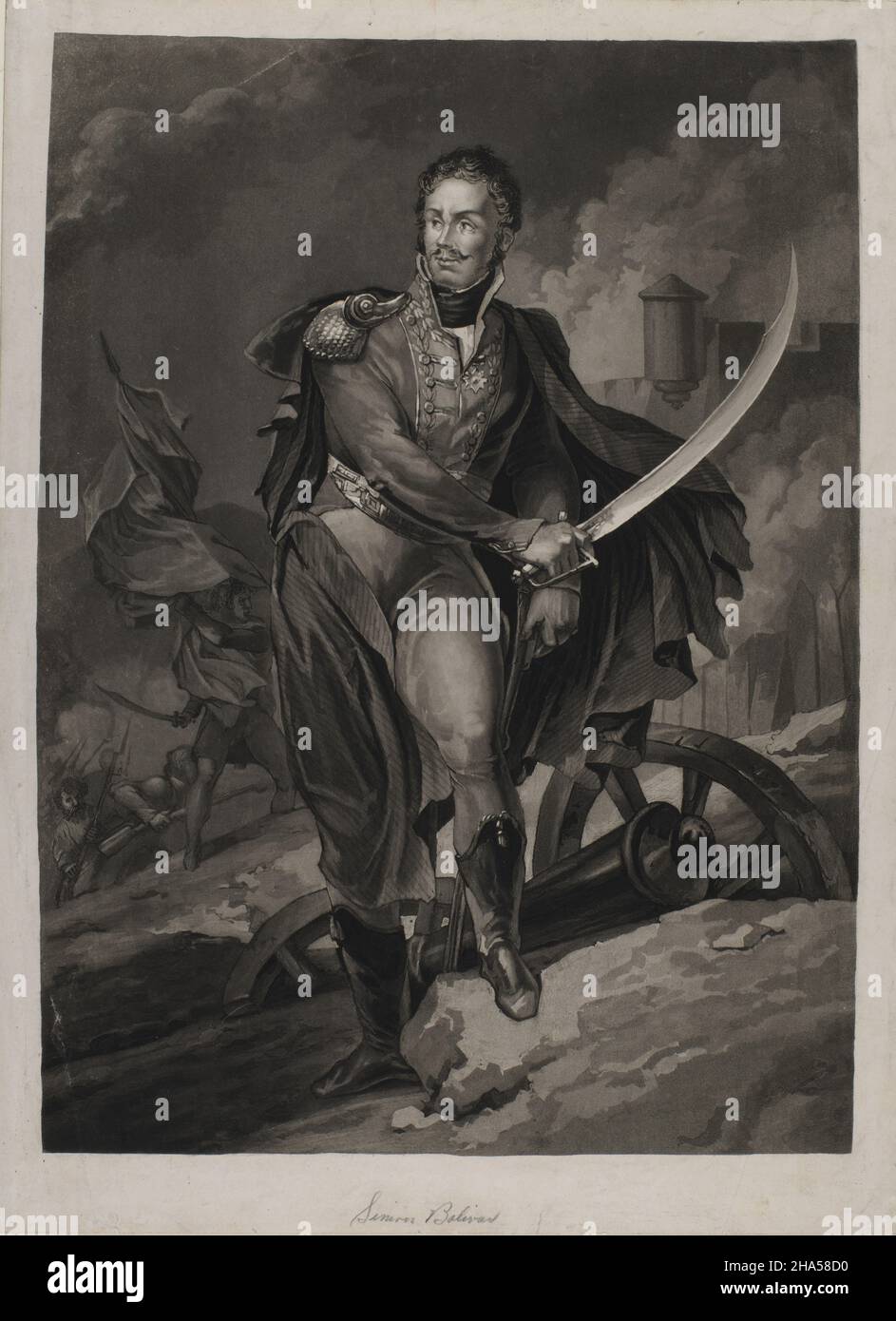 Dessin d'époque du leader militaire et politique vénézuélien Simon Bolivar photographié sur un champ de bataille portant un uniforme militaire et tenant une épée Banque D'Images