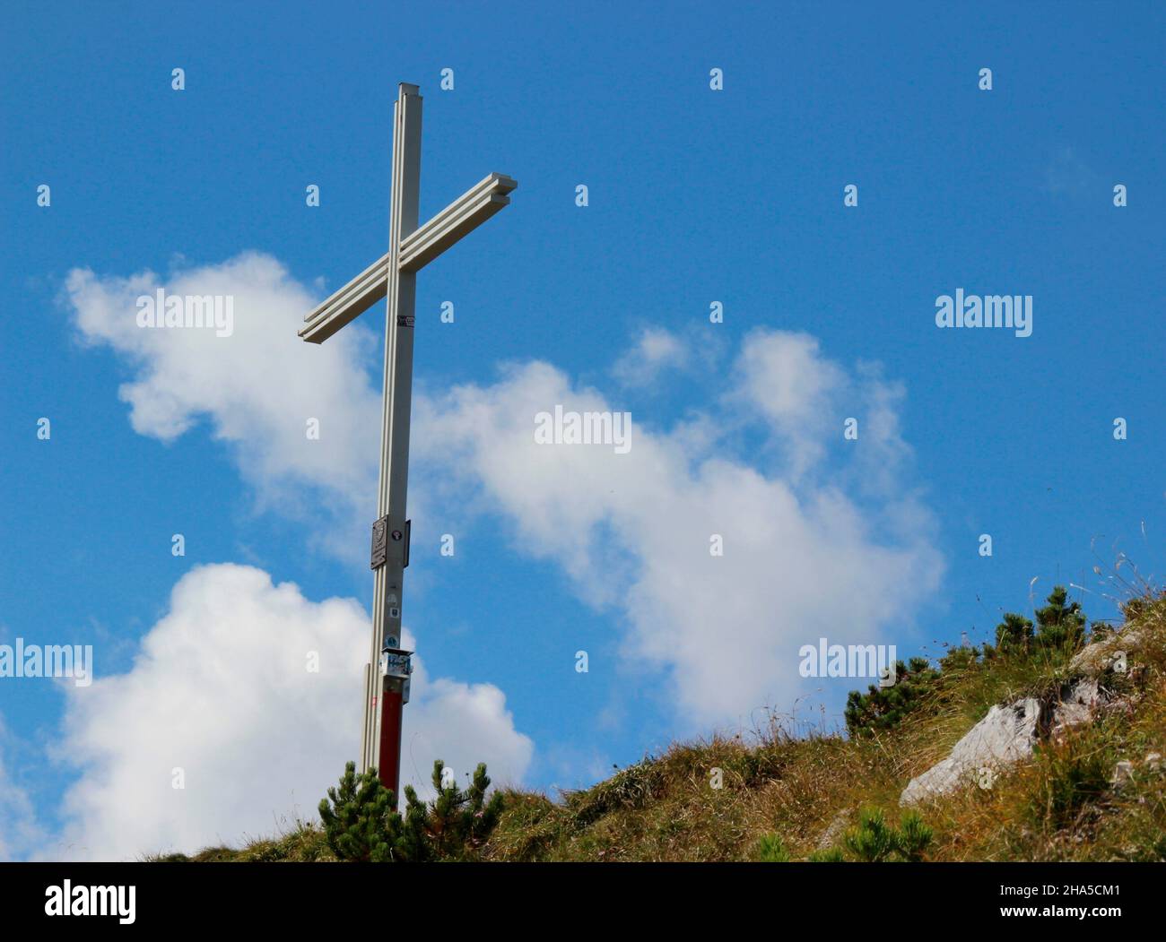 sommet croix à bärenkopf (1991m),achensee,tyrol,autriche,humeur nuageuse,pins de montagne en premier plan Banque D'Images