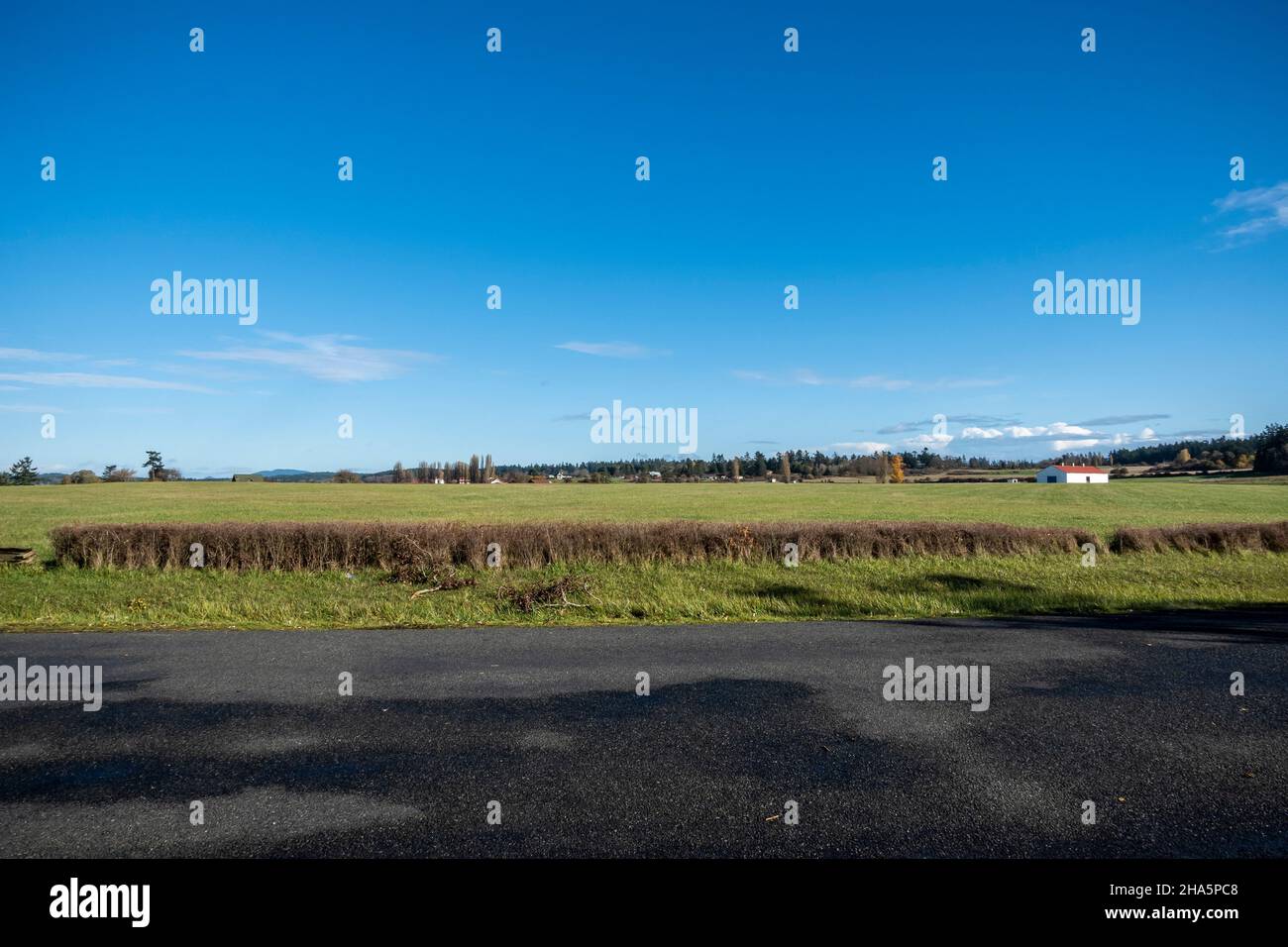 Vue panoramique sur une grange blanche sur un grand terrain de ferme dans le Nord-Ouest du Pacifique Banque D'Images
