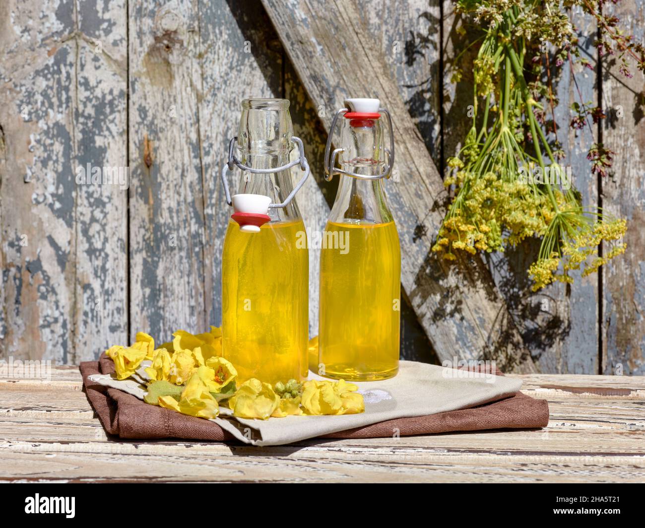 deux bouteilles à couvercle pivotant avec du liquide jaune, de la mulline froide et des fleurs de mulline qui se trouvent devant elles sur une table en bois devant une porte en bois Banque D'Images
