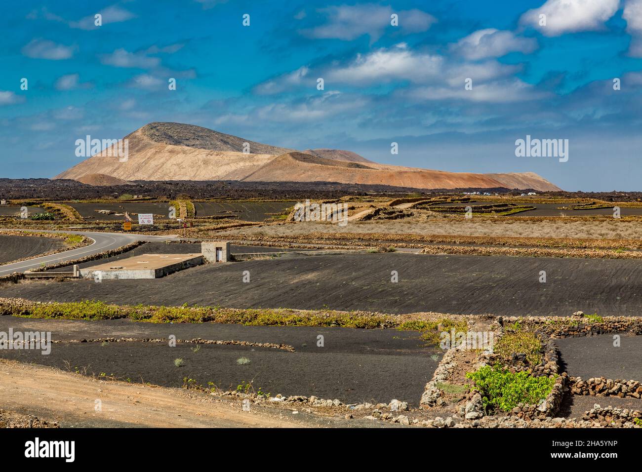 agriculture dans le paysage volcanique,près de mancha blanca,tinajo,derrière les volcans montana caldera blanca,458 m,et montana caldereta,los volcanes parc national,parque natural de los volcanes,réserve naturelle,lanzarote,canaries,espagne,europe Banque D'Images