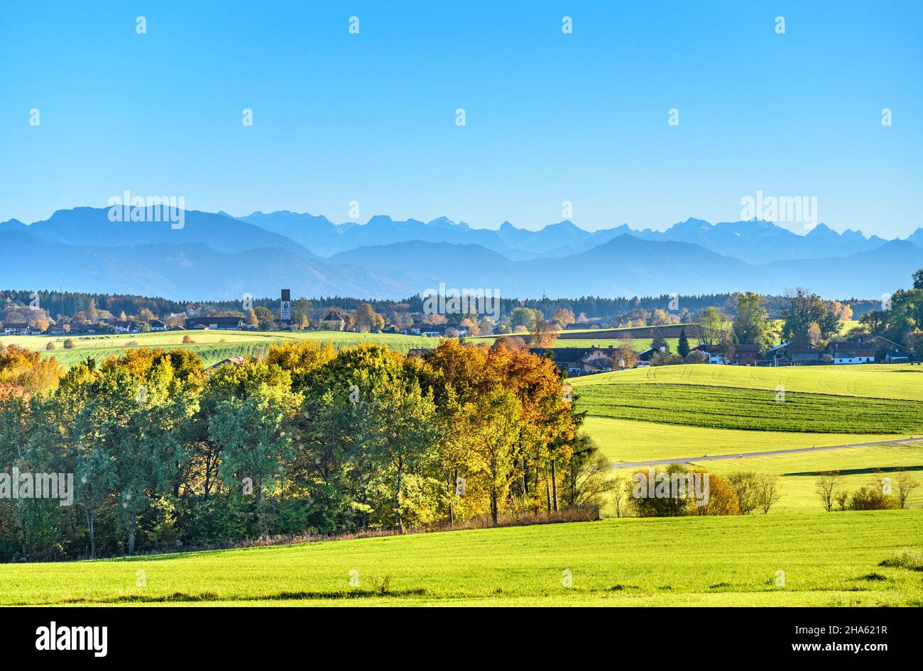 allemagne,bavière,haute-bavière,tölzer land,egling,district ergertshausen,derrière lui quartier neufahrn contre les contreforts des alpes,vue à schönberg Banque D'Images