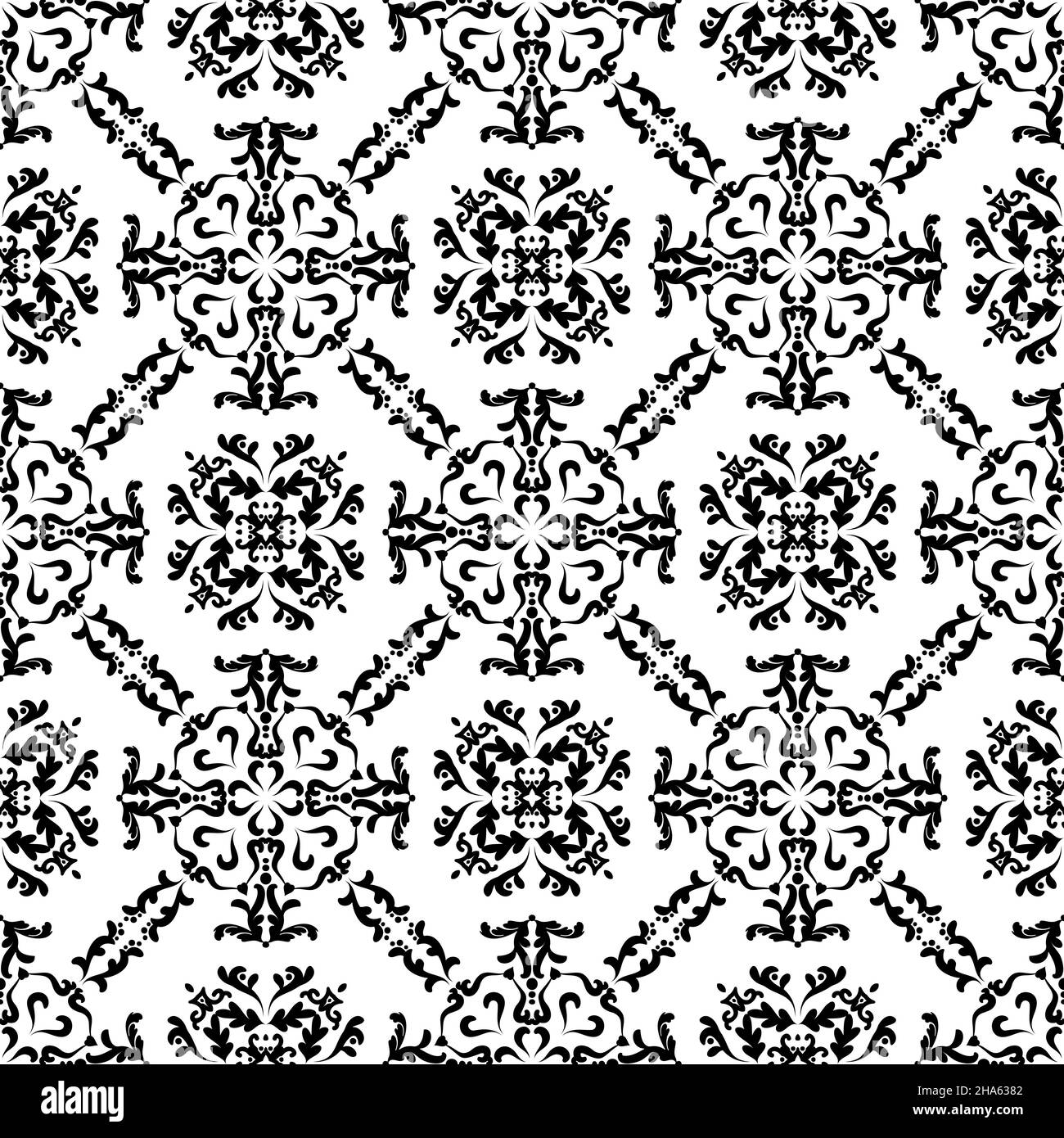 Décoration noire de style oriental sur fond blanc.Décoration vectorielle sans couture pour tissu, papier peint, carreaux ou emballage. Illustration de Vecteur