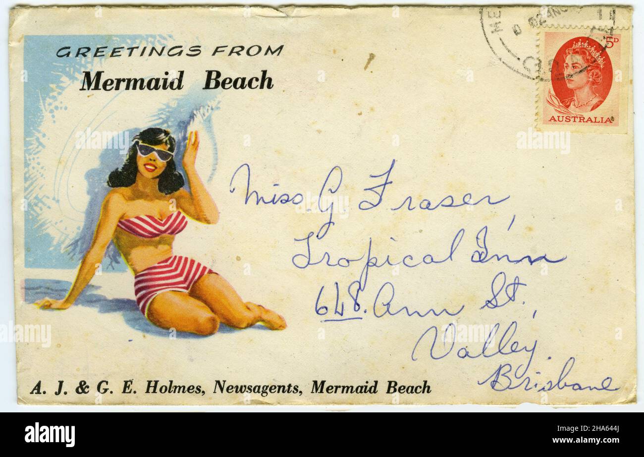 Enveloppe envoyée de Mermaid Beach, Queensland, vers 1960s Banque D'Images