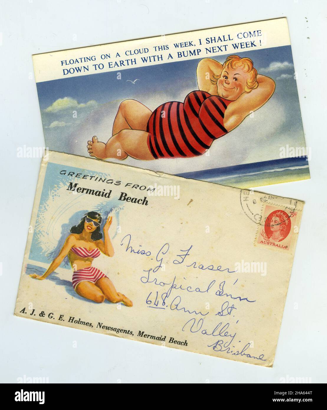 Enveloppe et carte postale envoyées de Mermaid Beach, Queensland, Australie, vers 1960s Banque D'Images
