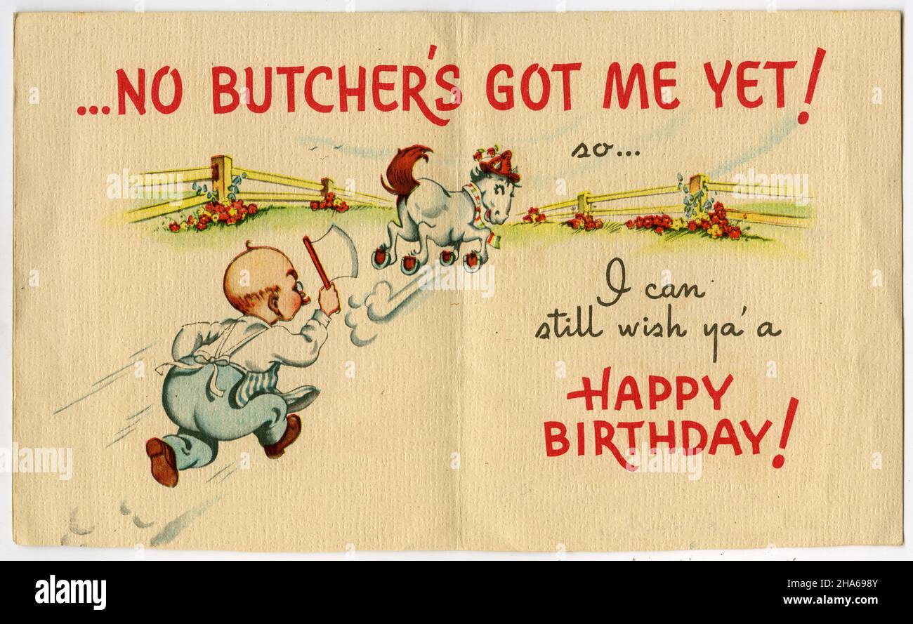 Intérieur d'une carte d'anniversaire tardive avec un cheval, vers 1930 Banque D'Images