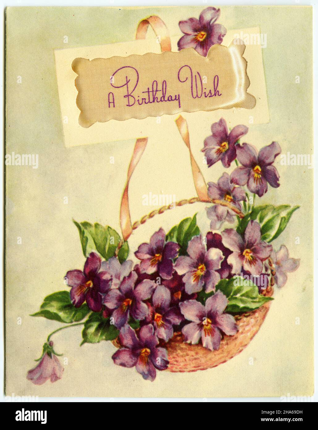 Le design rétro d'une carte d'anniversaire comprend un bouquet de fleurs, vers 1940 Banque D'Images