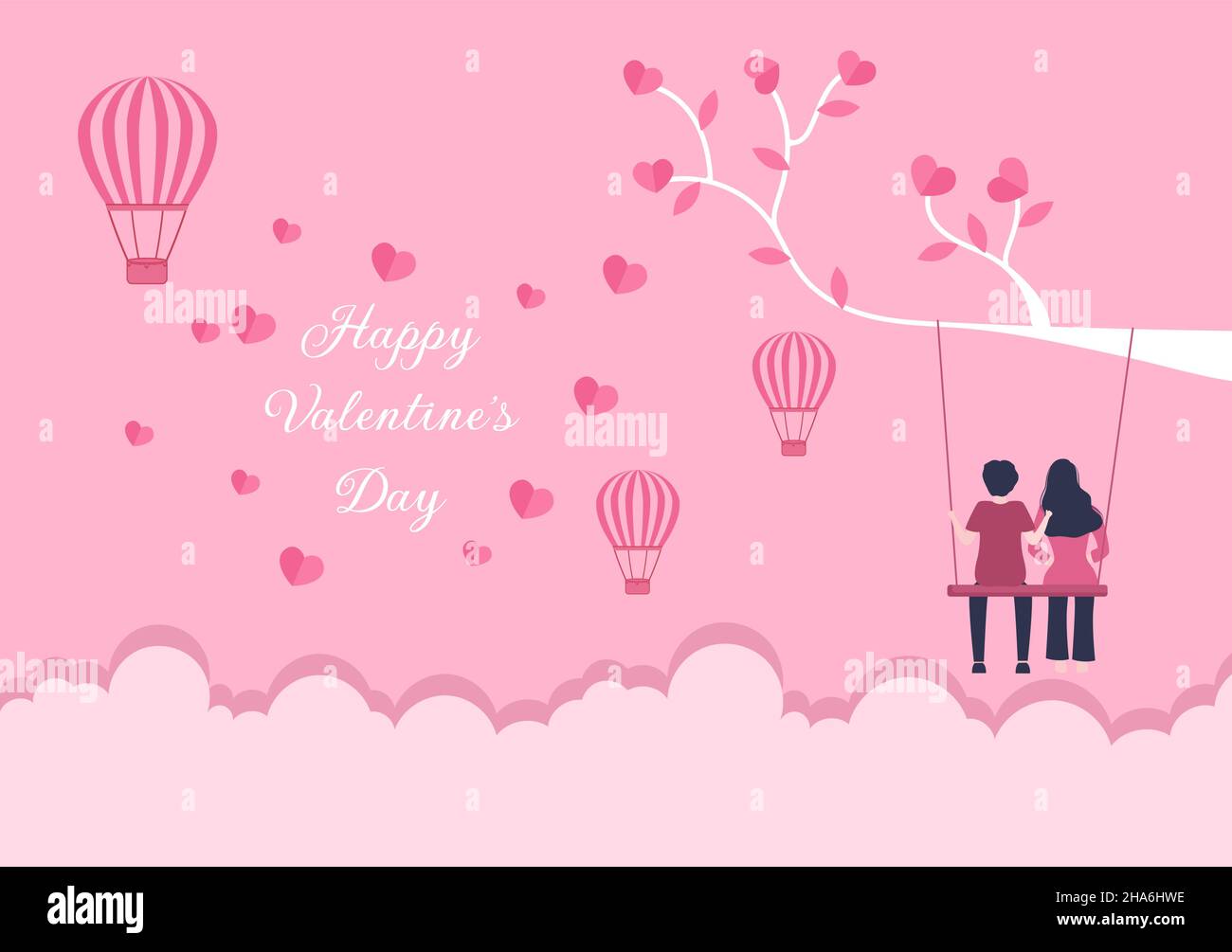 Happy Valentine's Day Flat Design Illustration commémorée le 17 février avec la carte de vœux Teddy Bear, Air Balloon et couple for Love Illustration de Vecteur