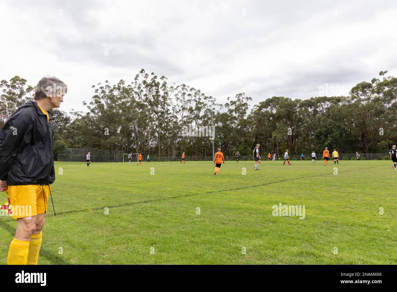 Sydney, Australie jeu de football amateur de base pour hommes de plus de 55 ans, joué sur l'herbe, linesman sur la ligne de contact avec drapeau vers le bas Banque D'Images