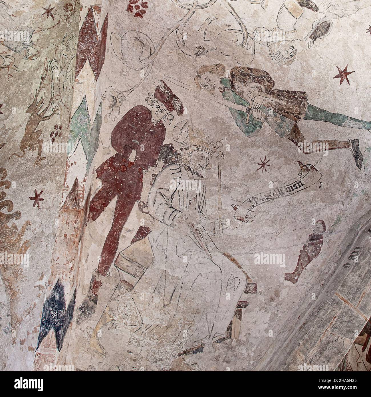 Salomon et l'enfant qui devrait être coupé en deux, une fresque ancienne à Bollerup Croch, Suède, 15 septembre 2021 Banque D'Images