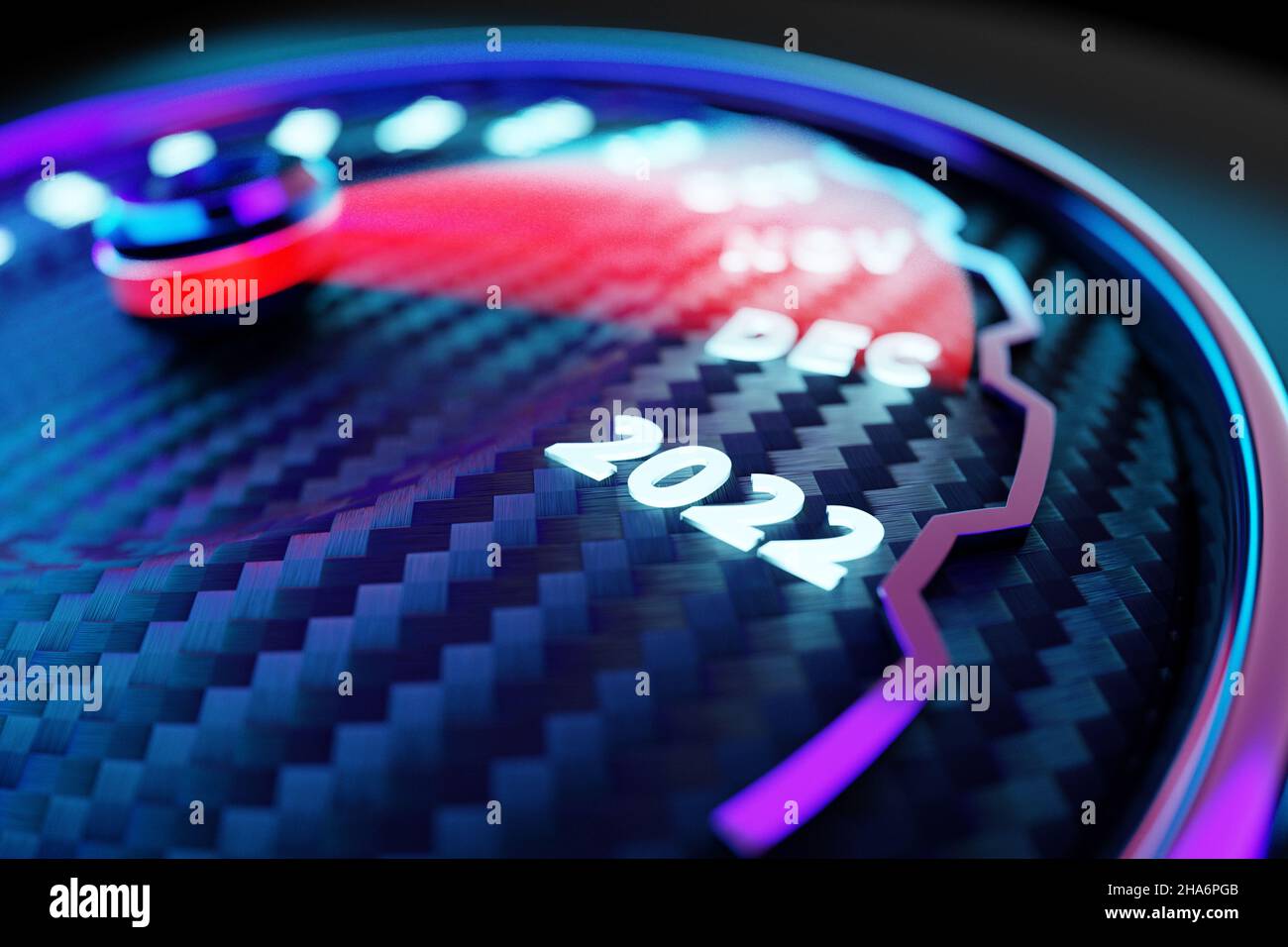 Illustration 3D gros plan compteur de vitesse noir avec coupures 2021,2022 et mois civils. Le concept de la nouvelle année et de Noël dans la fie automobile Banque D'Images